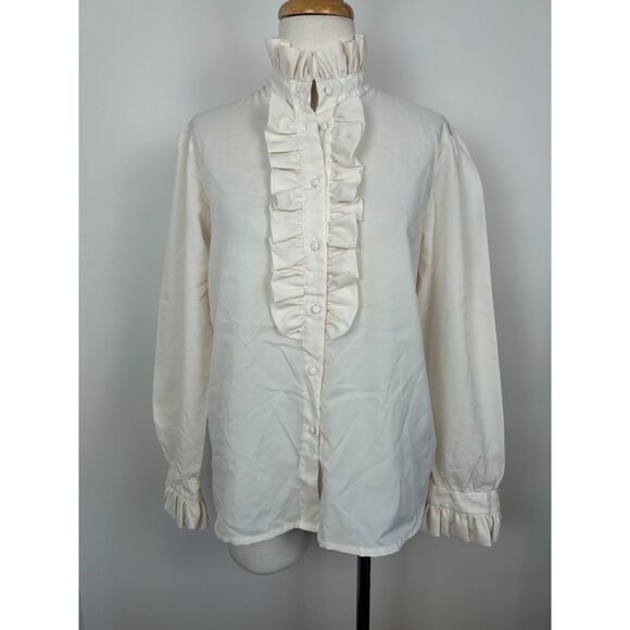 Vintage 70s Cream Victorian Style Ruffled Top Size 10 Women's Edwardian Blouse - Picture 1 of 6